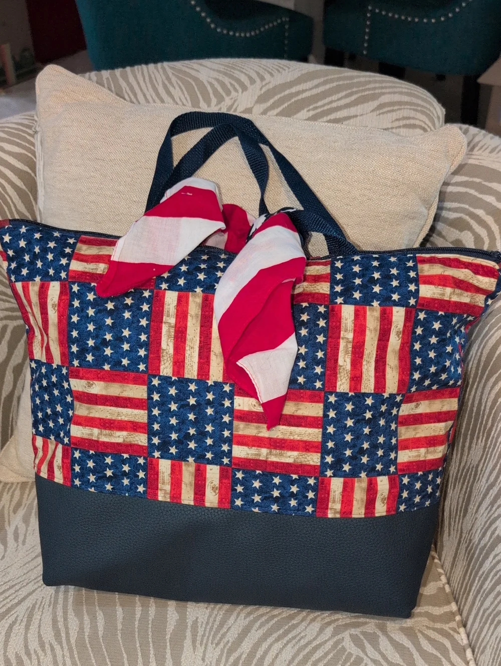 Large Patriotic American Flag Patchwork Bag With Red, White And Blue twilly